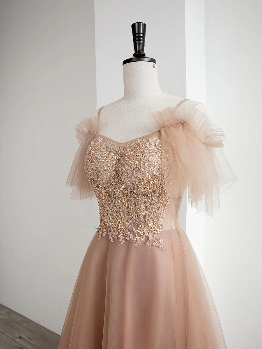 Champagne A line tulle lace long prom dress champagne prom dress
