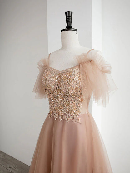 Champagne A line tulle lace long prom dress champagne prom dress