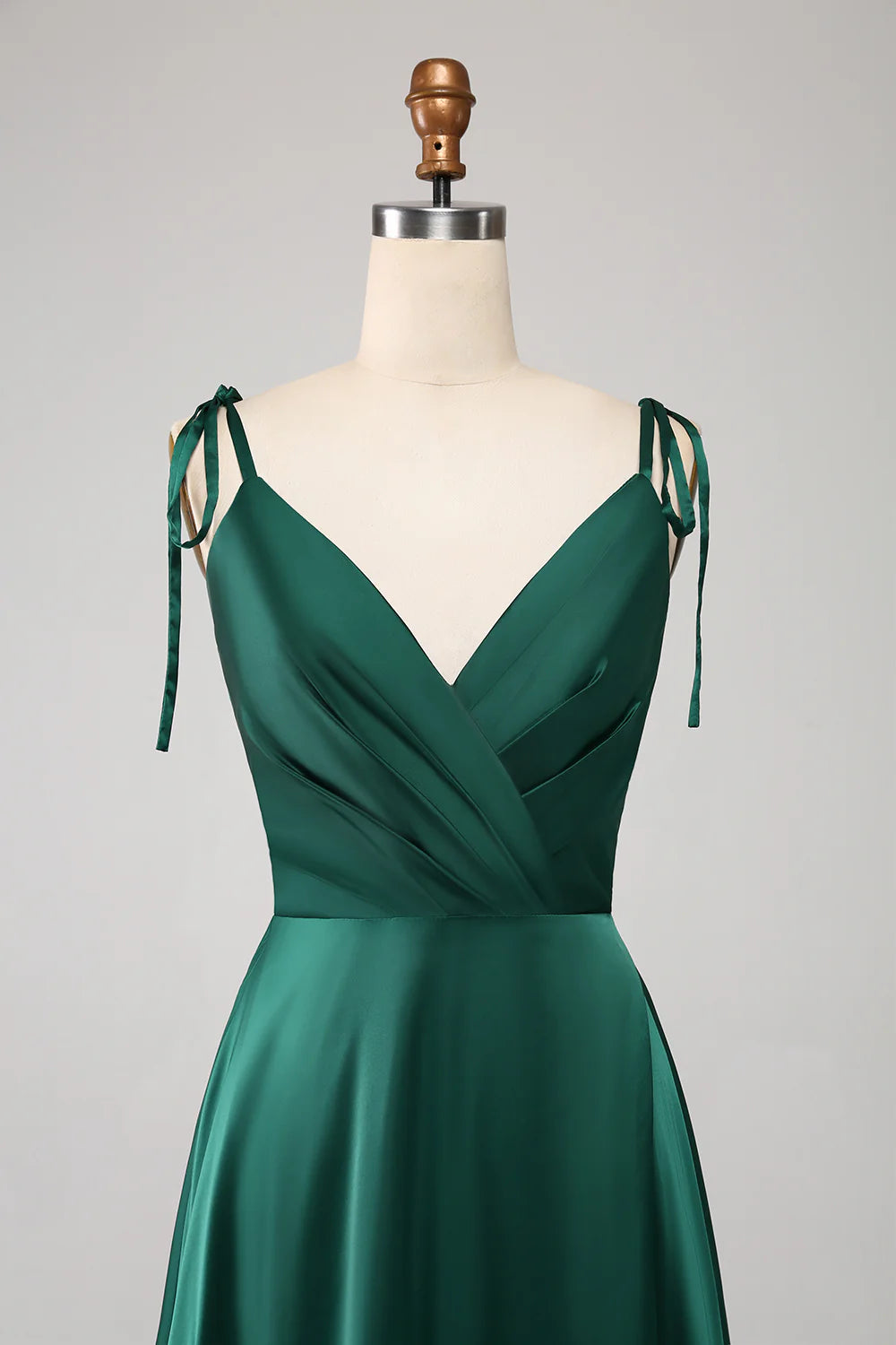 A-Line Spaghetti Straps Pleated Satin Long Dark Green Maxi Dress