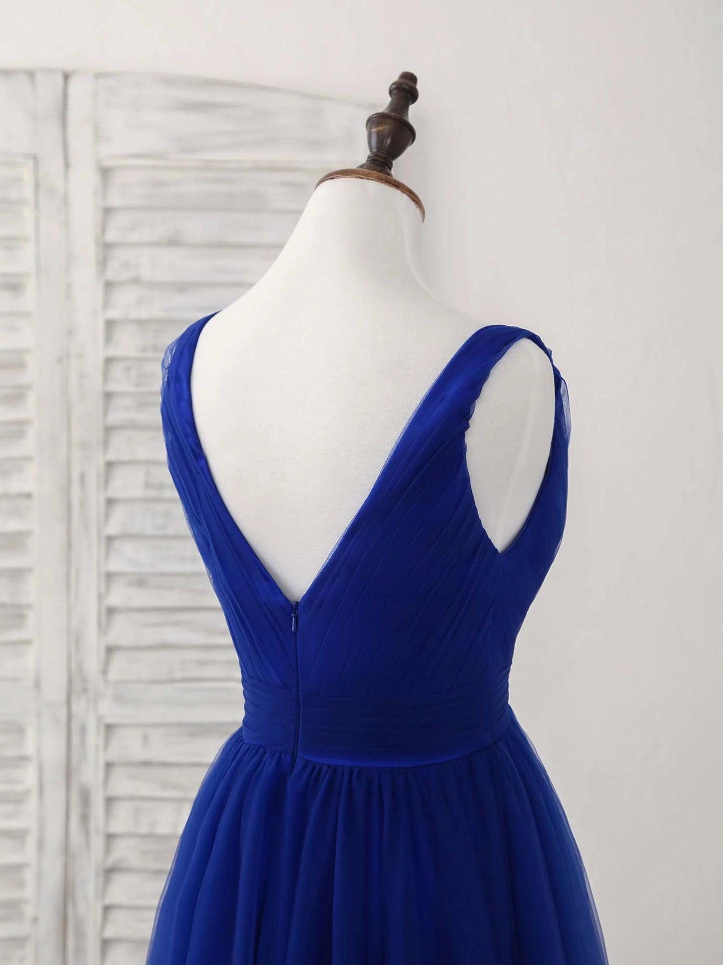 V Neck Royal Blue Tulle Long Prom Dress Blue Evening Dress