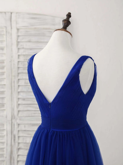 V Neck Royal Blue Tulle Long Prom Dress Blue Evening Dress