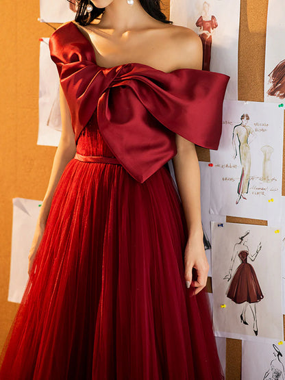 A-Line Tulle Burgundy Long Prom Dresses Burgundy Formal Evening Dresses