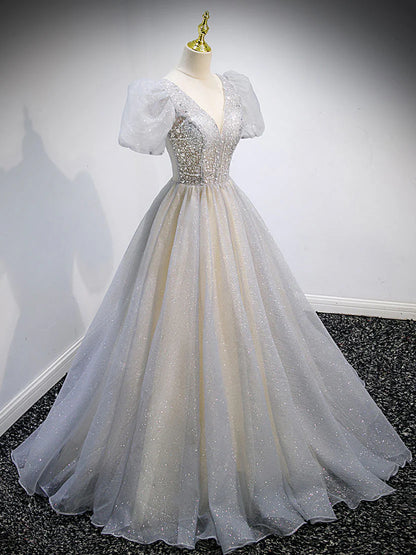 Gray v neck tulle sequin long prom dress gray tulle formal prom dress