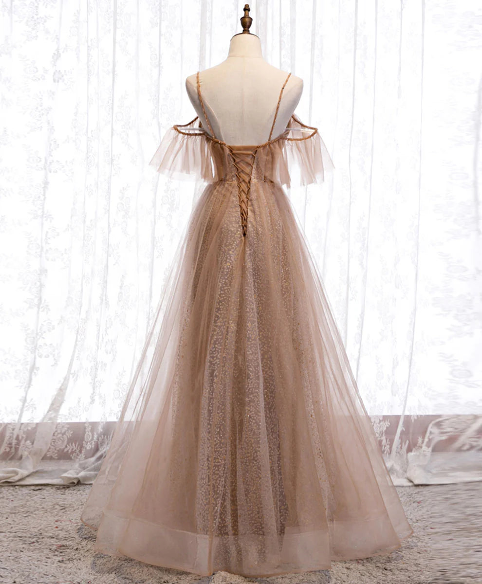 Champagne tulle sequin long prom dress tulle formal prom dress