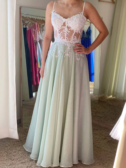 Green A line chiffon lace long prom dress green  prom dress
