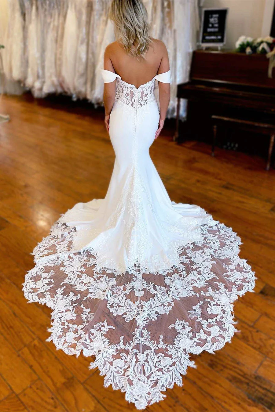 Lace-Trimmed Off-the-Shoulder Mermaid Long Wedding Dress