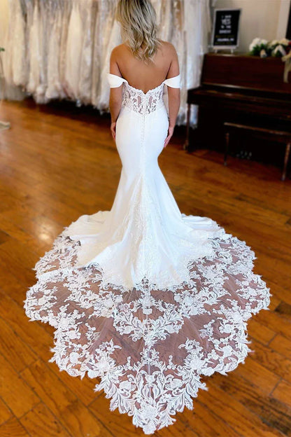 Lace-Trimmed Off-the-Shoulder Mermaid Long Wedding Dress