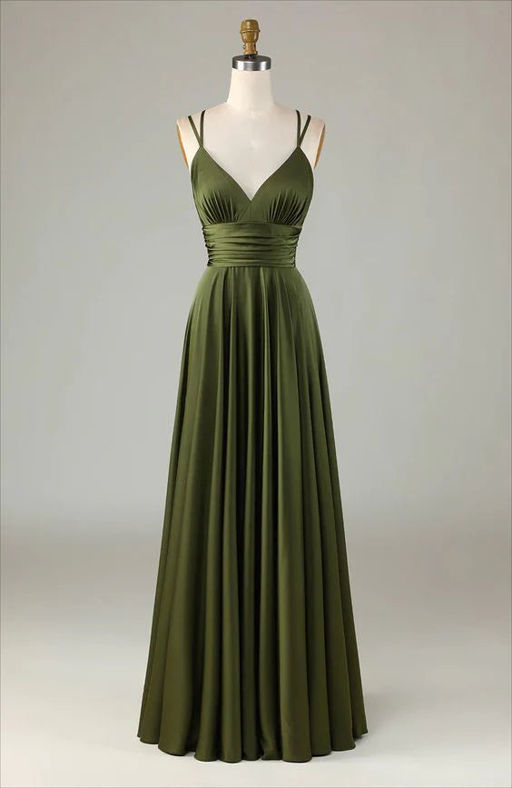 A-line Sleeveless Olive Long Bridesmaid Dress
