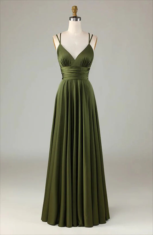 A-line Sleeveless Olive Long Bridesmaid Dress