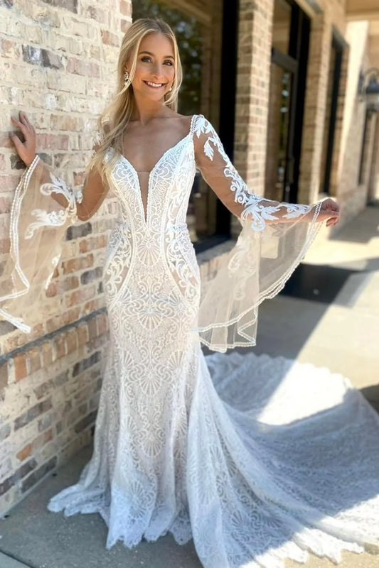 Lace Plunge Long Sleeve Mermaid Long Wedding Dress