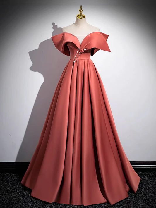 A-Line Off Shoulder Off Shoulder Satin Long Evening Dress Watermelon Red Long Formal Dress