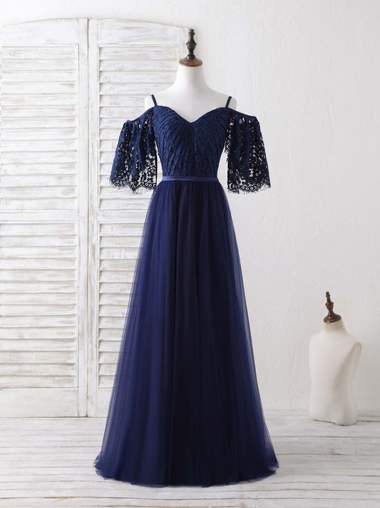 Dark Blue A-Line Lace Tulle Long Bridesmaid Dresses