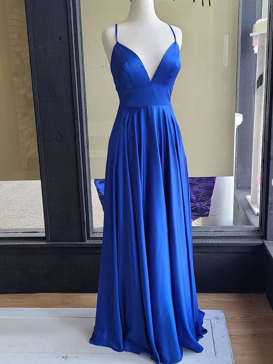 Simple blue satin long prom dress blue satin prom dress