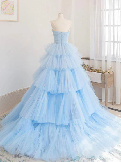 Blue tulle long prom dress  blue tulle prom dress