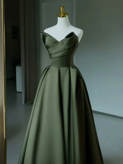 A-Line V Neck Satin Green Long Evening Dress Green Long Formal Dress ﻿