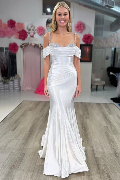 Cold-Shoulder Ruching Mermaid Long Formal Dress with Rhinestones