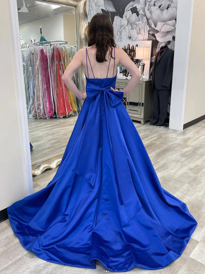 Simple blue v neck satin long prom dress blue formal prom dress