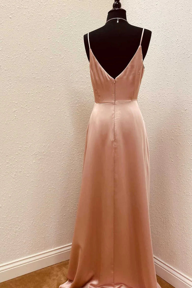 Satin Spaghetti Straps Backless Ruffled Bridesmaid Dress