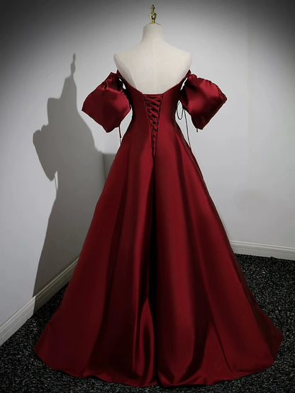 A-Line Puff Sleeves Satin Burgundy Long Evening Dress Burgundy Long Formal Dress