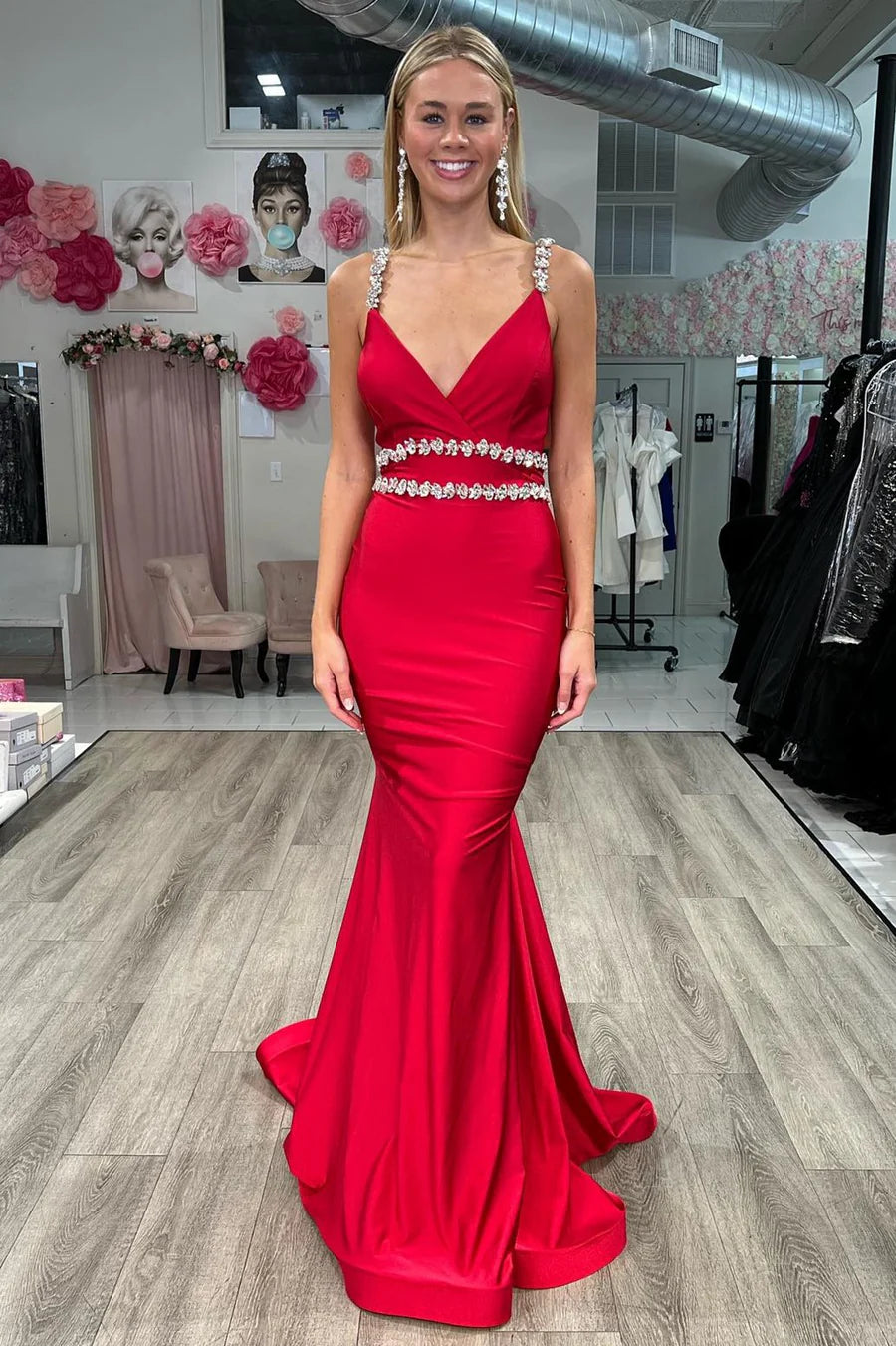 Surplice Open Back Beaded Mermaid Long Formal Dress