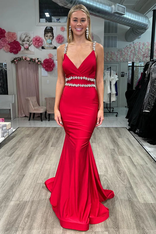 Surplice Open Back Beaded Mermaid Long Formal Dress