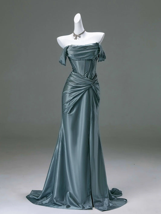 Steel Blue Silk Evening Dress Corset Back Wedding Dress with Off the Shoulder Design