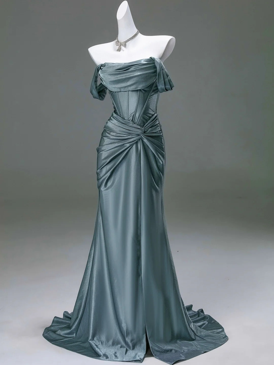 Steel Blue Silk Evening Dress Corset Back Wedding Dress with Off the Shoulder Design