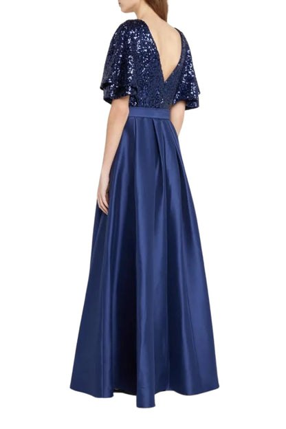 Badgley Mischka Flutter-Sleeve Pleated V-Neck Sequin Mother of the Bride Dresses