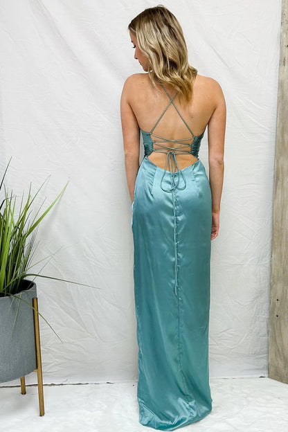 Cowl Neck Twist Knot Pleated Long Prom Dress with Slit