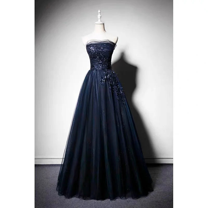 Navy Blue Gauze Sequins Ball Gown Formal Evening Dresses