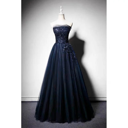 Navy Blue Gauze Sequins Ball Gown Formal Evening Dresses