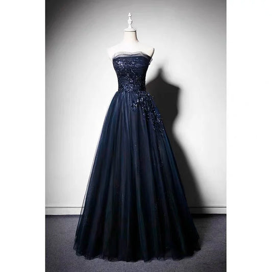Navy Blue Gauze Sequins Ball Gown Formal Evening Dresses