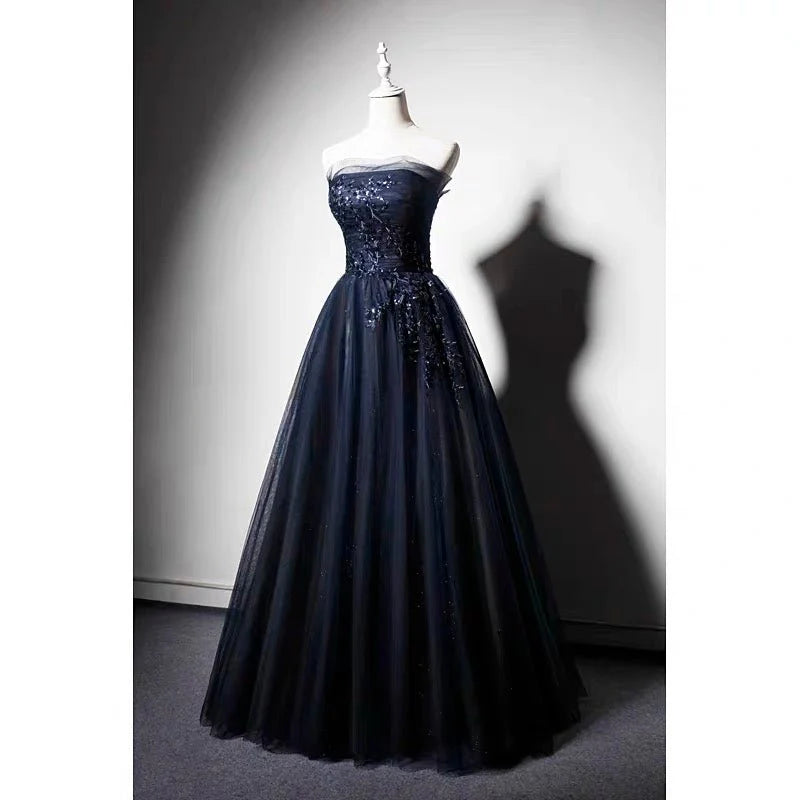 Navy Blue Gauze Sequins Ball Gown Formal Evening Dresses