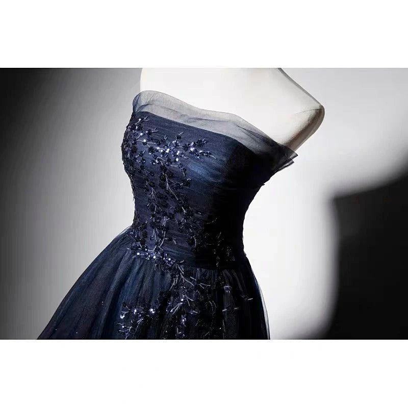Navy Blue Gauze Sequins Ball Gown Formal Evening Dresses