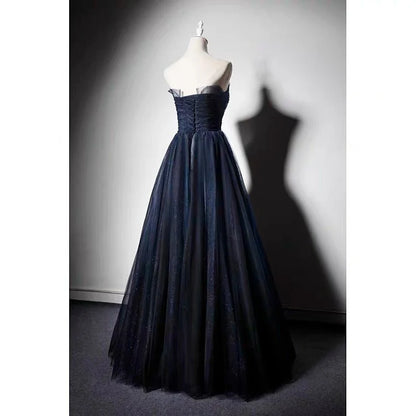 Navy Blue Gauze Sequins Ball Gown Formal Evening Dresses