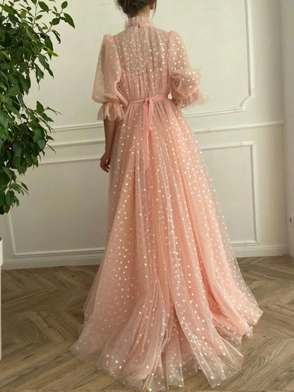 Pink high neck tulle long prom dress  pink tulle prom dress
