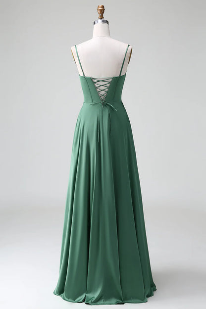 A Line Spaghetti Straps Corset Pleated Satin Bridesmaid Dress