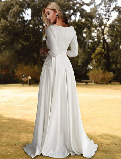 Casual wedding dress A-line low round neck 3/4 long sleeved broomstick tail elastic fabric bride dress with pleats