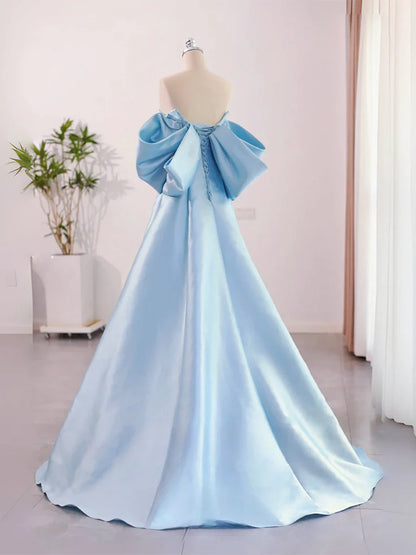 A-Line Sweetheart Neck Satin Blue Long Evening Dress  Blue Long Formal Dress