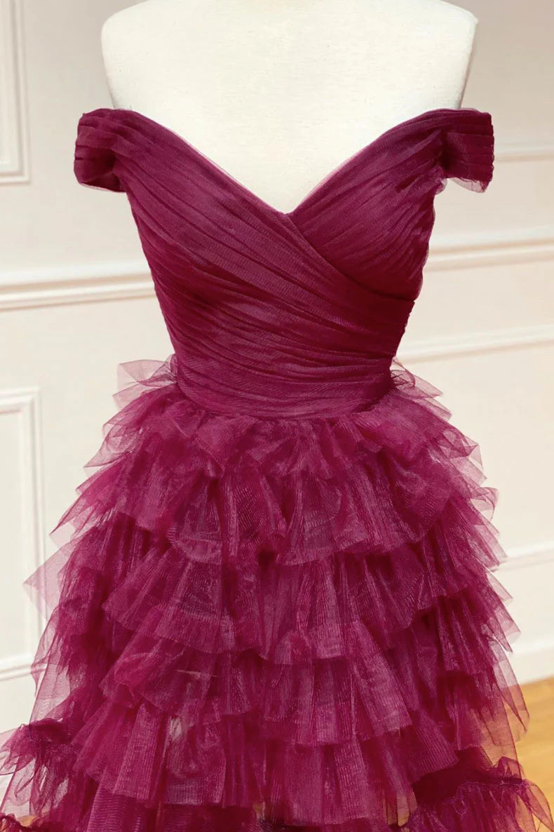 Burgundy sweetheart off shoulder tulle long prom dress tulle formal prom dress
