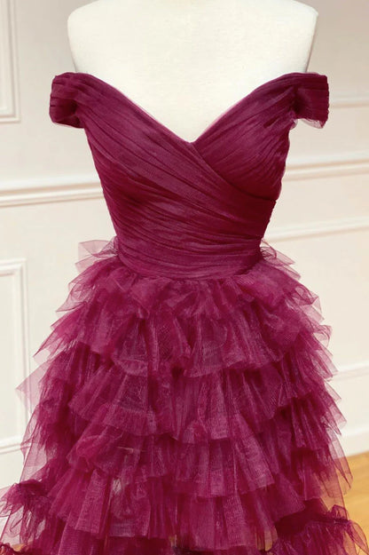 Burgundy sweetheart off shoulder tulle long prom dress tulle formal prom dress