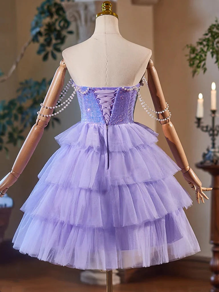 A-Line Tulle Sequin Purple Short Prom Dress Purple Homecoming Dress