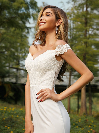 A-line Princess Elastic Round Neck Off the Shoulder Sleeveless Sweeping Shoulder Dress Bridesmaid Dress