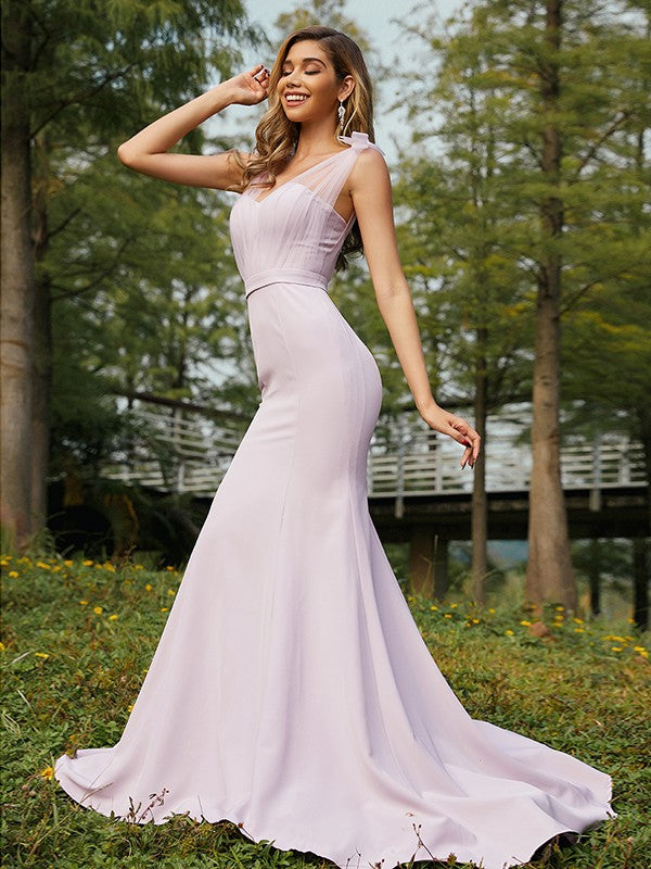 Cylindrical elastic Crepe pleated single shoulder sleeveless tea long bridesmaid dress