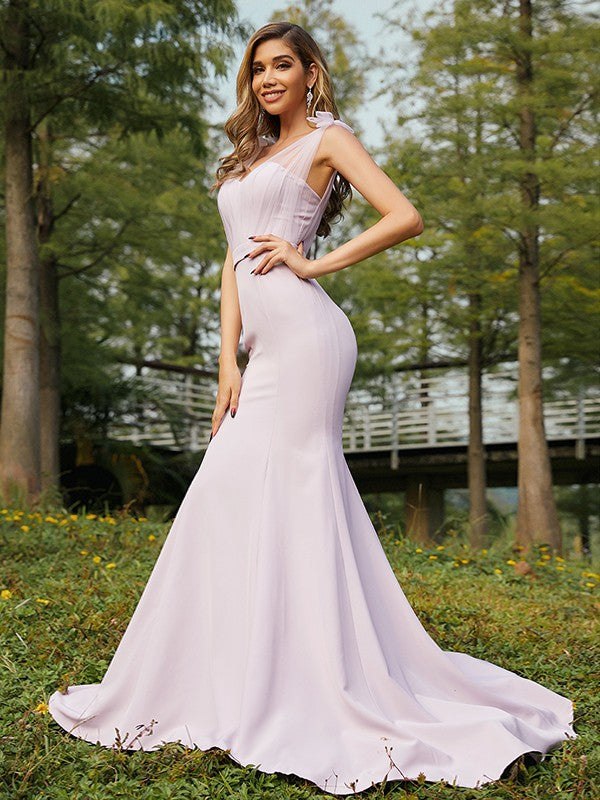 Cylindrical elastic Crepe pleated single shoulder sleeveless tea long bridesmaid dress