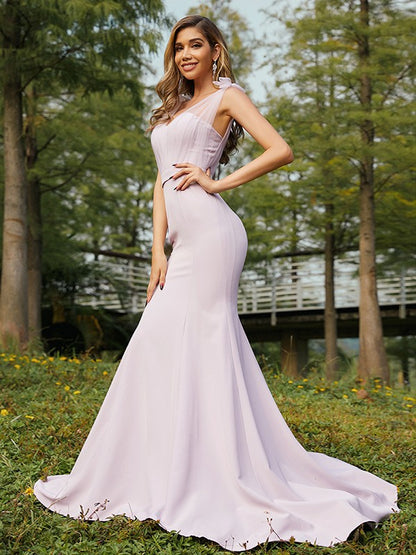 Cylindrical elastic Crepe pleated single shoulder sleeveless tea long bridesmaid dress