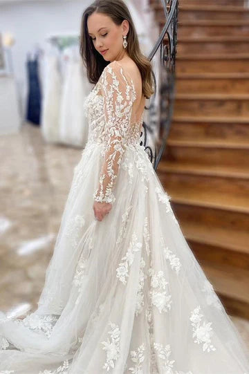 Appliques Long Sleeve Backless Long Wedding Dress