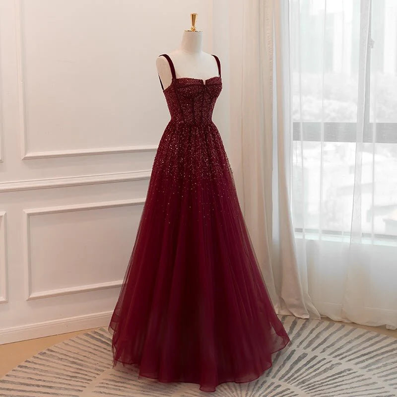 Gothic Burgundy Spaghetti Straps Beaded Formal Dress Evening Dresses