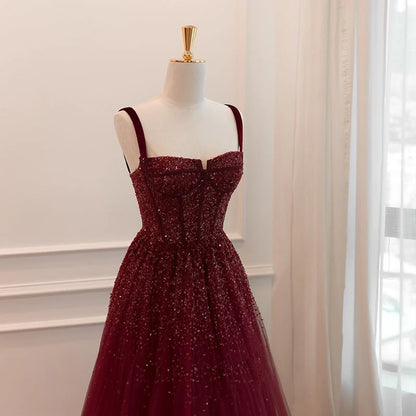Gothic Burgundy Spaghetti Straps Beaded Formal Dress Evening Dresses