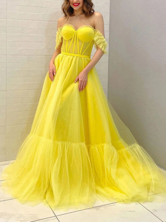 Yellow off shoulder tulle long prom dress yellow tulle prom dress